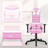 A pink gaming chair with close-up views of its headrest and lumbar support. Produktbild-Vorschau