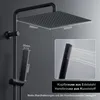 A black shower system with dimensions indicated by white lines and text. Podgląd zdjęcia produktu