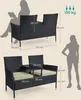 Diagrams and silhouettes illustrating the dimensions and weight capacity of a two-seater outdoor bench. Produktbild-Vorschau