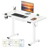 A white electric standing desk with a monitor, keyboard, mouse, cup holder, and headphones. Produktbild-Vorschau
