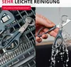 A split image showing a pair of scissors in a dishwasher rack on the left and being rinsed under running water on the right. Produktbild-Vorschau