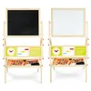 Two wooden easels with chalkboards and whiteboards, each featuring educational elements like a clock, abacus, and alphabet. Produktbild-Vorschau