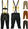 Vorder und Rückansicht der Bayerischen Traditionellen Schwarzen Lederhose mit Hosenträgern aus Wildleder mit Stickerei Paspeln Knopfverschluss und verstellbaren Schnürungen perfekte Tracht online kaufen Produktbild-Vorschau