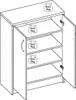 An illustration of a wooden cabinet with its doors open, showing multiple shelves and weight limit indicators. Produktbild-Vorschau