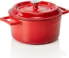 A red enameled cast iron pot with a silver lid handle, shown from a slightly elevated side angle on a white background. Produktbild-Vorschau
