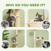 A collage of four images showing a cat tree with cats interacting with it, along with close-up shots of cat paws and cats playing. Produktbild-Vorschau