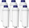 Six white coffee machine water filter cartridges with blue caps are arranged in two rows on a white background.