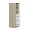 A product shot of a tall, narrow cabinet with a wood-grain finish on the left and white on the right. It has three drawers and one door. Náhľad obrázku produktu