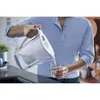 A person pouring filtered water from a pitcher into a glass in a kitchen. Produktbild-Vorschau