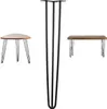 Three different table bases with hairpin legs are shown against a white background.