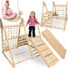A collage of images showing a wooden indoor playground set for children, with children interacting with it. Produktbild-Vorschau