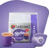 A Tassimo Milka hot chocolate product with a cup of hot chocolate and a single pod. Produktbild-Vorschau