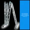 A silver multi-purpose ladder is shown in a partially folded configuration against a black background, with a blue panel on the right displaying product specifications. Podgląd zdjęcia produktu