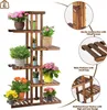 A multi-tiered wooden plant stand filled with various potted plants, shown against a white background with close-up insets highlighting construction details. Produktbild-Vorschau