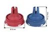 Two plastic caps, one red and one blue, are shown side-by-side with measurement indicators. Produktbild-Vorschau