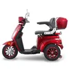 A red electric scooter with a storage box on the back, shown from the side against a white background. Produktbild-Vorschau