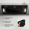 A collage showing a black range hood with LED lights and a touch panel, alongside textual descriptions and a close-up of a finger interacting with the touch control. Produktbild-Vorschau