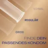 Three condoms are shown diagonally against a gradient brown background, with text indicating different sizes and a call to action. Náhľad obrázku produktu