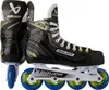 A pair of black Bauer inline hockey skates with blue wheels, shown from a side-angle against a white background. Anteprima dell’immagine prodotto