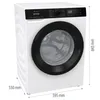 A white Gorenje washing machine with a black door and control panel, shown at an angle. Dimensions are indicated. Produktbild-Vorschau