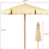 A large, open beige patio umbrella is shown with its dimensions indicated. A smaller, closed umbrella is shown to the right. Náhled obrázku produktu