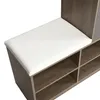 A close-up view of a shoe cabinet with a white cushioned seat and wooden shelves. Produktbild-Vorschau