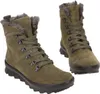 Two green suede boots with fur trim and laces are shown against a white background. Produktbild-Vorschau
