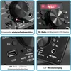 A collage of four close-up images showing different features of a portable speaker system. Produktbild-Vorschau