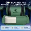 A cutaway view of a green gaming chair, highlighting its internal cushioning and features, with marketing text and statistics displayed. Produktbild-Vorschau