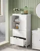 A white bathroom cabinet with open doors and one drawer pulled out, showing storage space. Decorative items like flowers and jars are on top of the cabinet. Produktbild-Vorschau