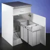 A white kitchen cabinet with a pull-out trash bin system containing two gray bins. Náhľad obrázku produktu