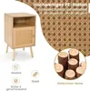 A wooden nightstand with a rattan door is shown, along with descriptive text and icons highlighting its features. A close-up of wood logs is also present. Produktbild-Vorschau