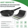 A frying pan with a cutaway showing its layered construction, alongside icons representing different stovetop types. Podgląd zdjęcia produktu