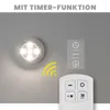 A close-up marketing image showing an LED touch light and its remote control, with text overlay highlighting a timer function. Produktbild-Vorschau