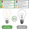 Comparison between an LED lamp and an incandescent bulb, with feature highlights for the LED lamp. Produktbild-Vorschau
