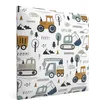A close-up view of a fabric wall panel with a repeating pattern of cartoon construction vehicles. Náhled obrázku produktu
