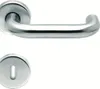 A stainless steel door handle set with a keyhole escutcheon on a white background. Produktbild-Vorschau