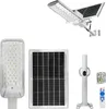 A collection of solar street light components including the light fixture, solar panel, mounting pole, and remote control, arranged against a white background. Anteprima dell’immagine prodotto