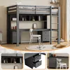A bedroom setting with a loft bed, desk, and shelves, along with close-up views of the desk drawers and shelves. Voir les images du produit