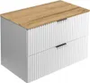 A modern bathroom vanity cabinet with a wooden top and two white, fluted drawers with black handles. Produktbild-Vorschau