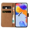 A brown flip-style phone case is open, revealing card slots and a phone with a colorful abstract wallpaper. Produktbild-Vorschau