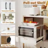 A close-up view of a white and wood-tone buffet cabinet, showcasing its features like convenient handles, soft-close hinges, and a pull-out shelf with a microwave on it. Podgląd zdjęcia produktu