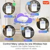 A collage of images showing smart thermostats in different rooms, connected to a central hub via Wi-Fi signals, with text overlay describing the product's functionality. Podgląd zdjęcia produktu