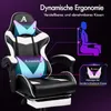 A gaming chair with ergonomic features highlighted by illustrative graphics and text. Podgląd zdjęcia produktu