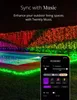 A smartphone app interface is shown over a nighttime scene of outdoor lights synchronized with music, illuminating a pool and garden. Náhľad obrázku produktu