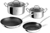 A set of stainless steel pots and pans with glass lids, arranged on a white background. Náhled obrázku produktu
