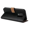 A black flip-style phone case with a brown strap is shown from the side. Produktbild-Vorschau