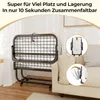A foldable bed shown in a room setting, next to a couch, with inset images illustrating its folding mechanism. Voir les images du produit