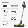 A vacuum cleaner and its accessories are displayed against a white background, with labels in German indicating the contents of the package. Produktbild-Vorschau