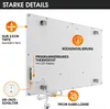 The back of a white infrared heating panel with various features highlighted by text and orange circles. Produktbild-Vorschau
